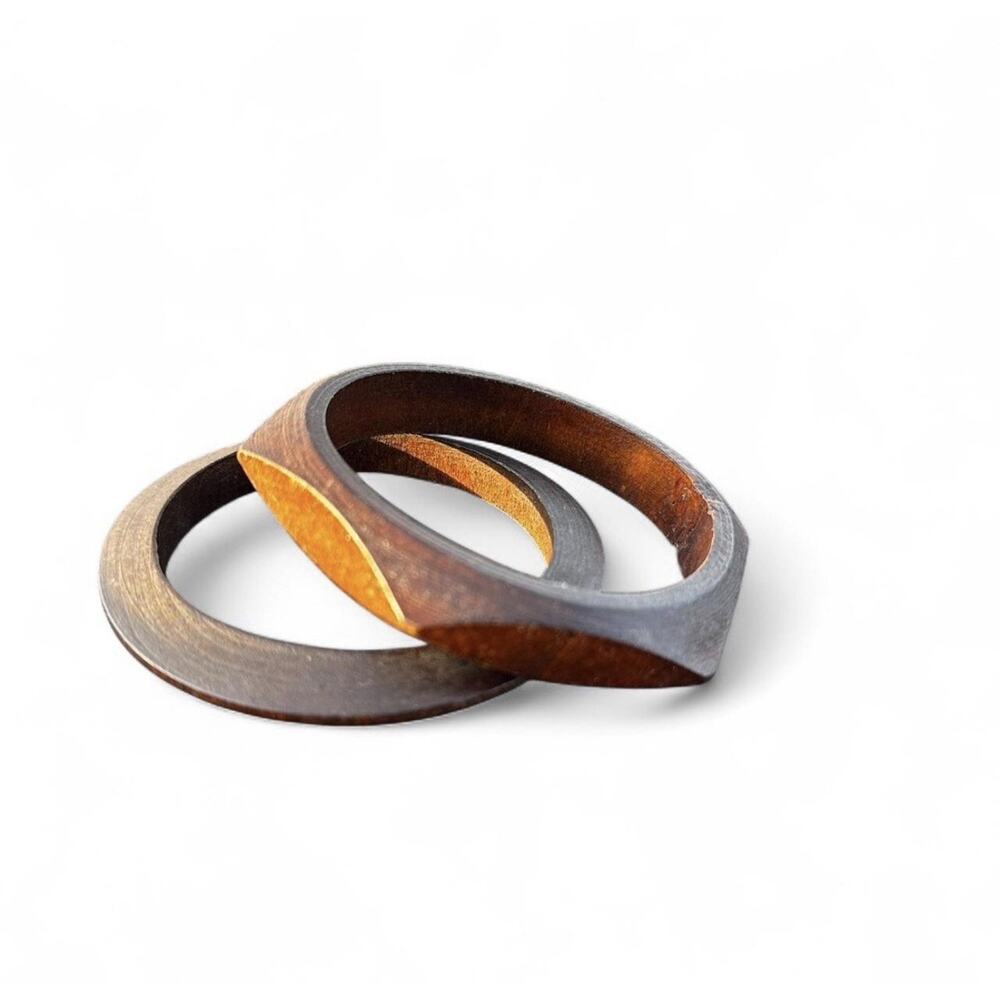 Vintage Wooden Bangle Bracelet Set 2 Geometric Boho Wood Stacking Bangles Brown - Picture 2 of 2